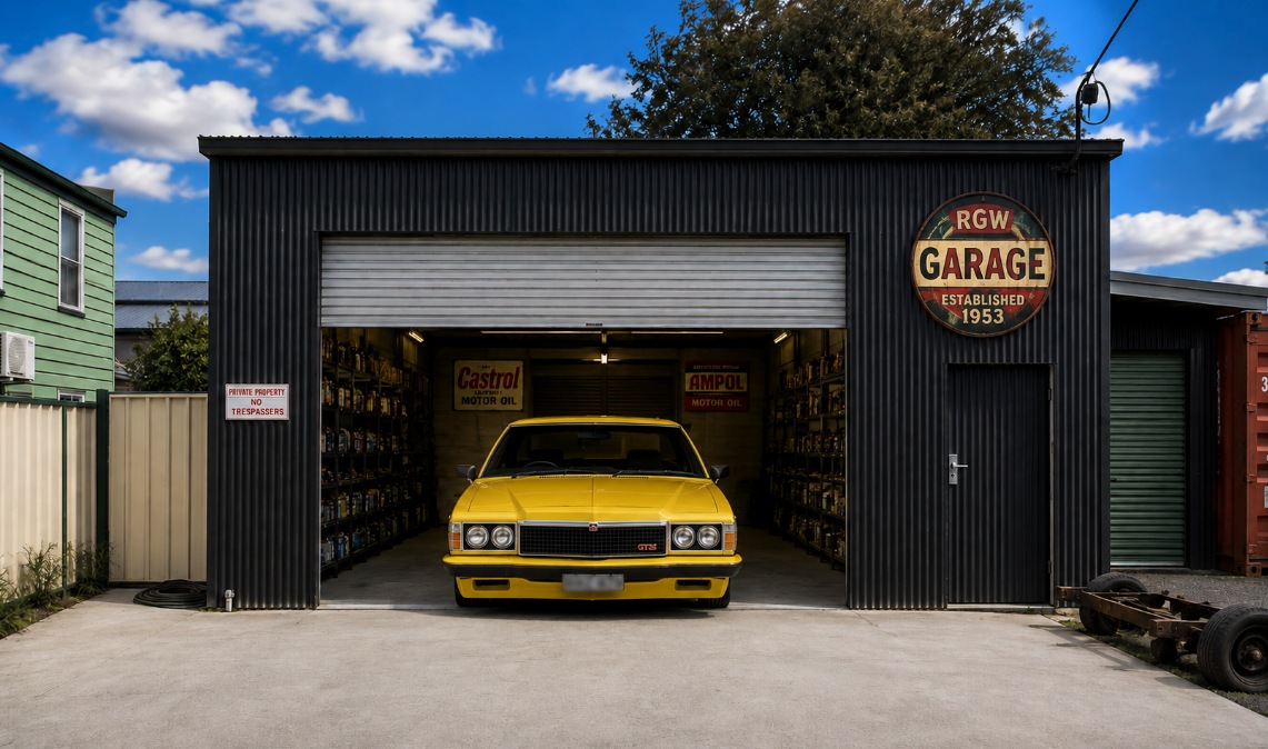 A yellow classic Holden GTS, front-on in the open doorway of a dark corrugated garage.